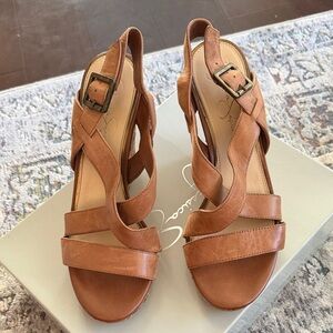 Jessica Simpson Tan Leather Strappy Wedge Sandals